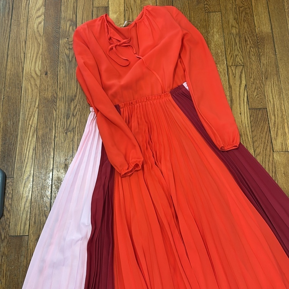 Maje Reona Color Block Pleated Shirt Dress Red & Pink midi coral red size 1 - S - Picture 6 of 8